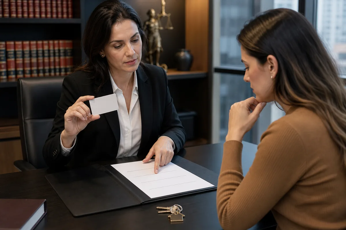 Advogada apresenta identificação e contrato de serviços para cliente