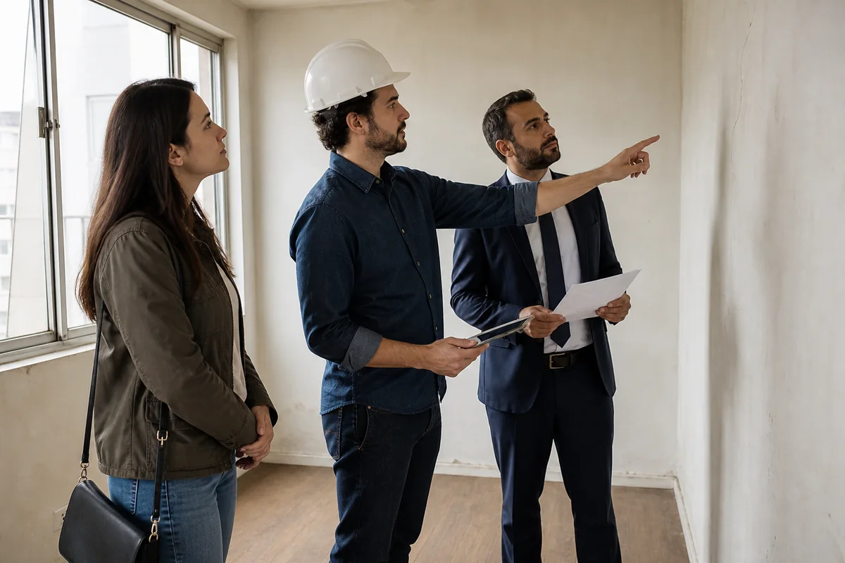 Advogado, engenheiro e compradora inspecionam imóvel antes do leilão