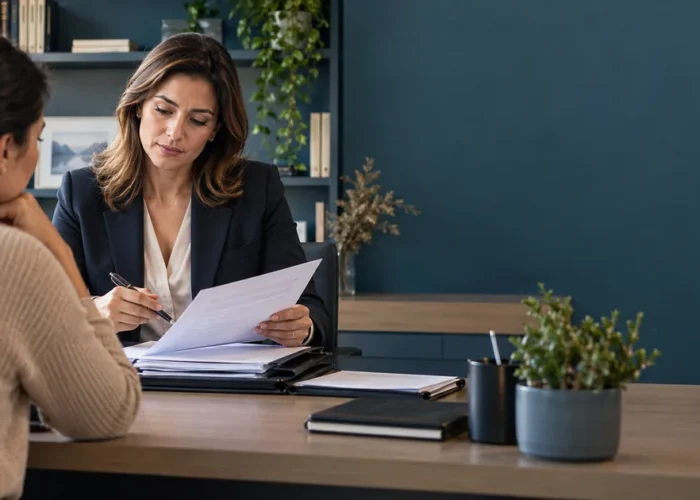 Advogada confere documentos de cliente para ação de pensão