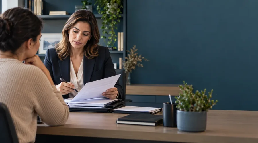 Advogada confere documentos de cliente para ação de pensão