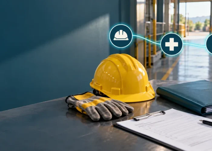 Capacete, luvas e documentos representam prevenção, atendimento e retorno ao trabalho