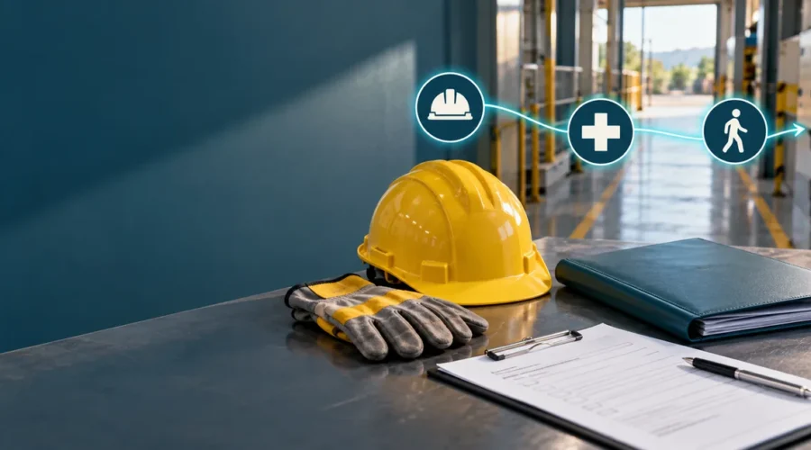Capacete, luvas e documentos representam prevenção, atendimento e retorno ao trabalho