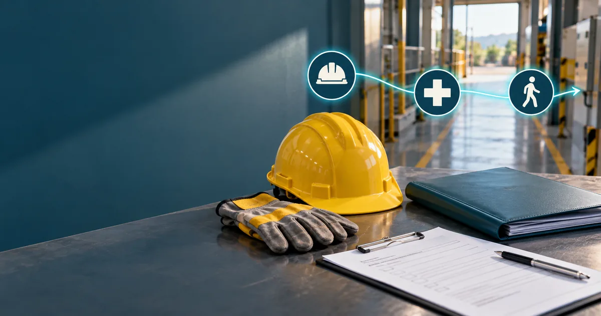 Capacete, luvas e documentos representam prevenção, atendimento e retorno ao trabalho