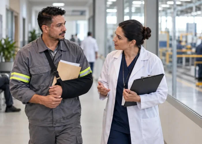Trabalhador recebe orientação médica após acidente de trabalho
