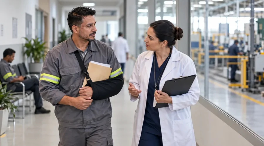 Trabalhador recebe orientação médica após acidente de trabalho