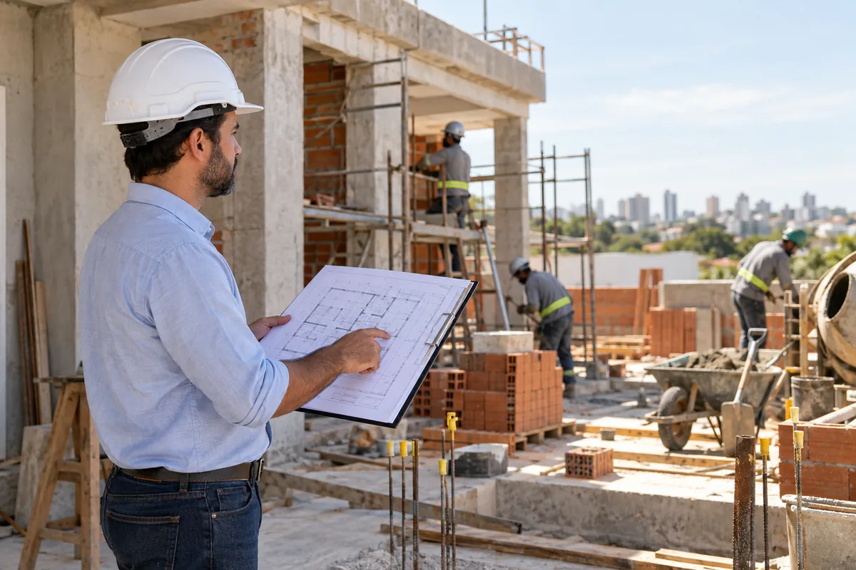 Engenheiro confere planta enquanto acompanha equipe no canteiro residencial