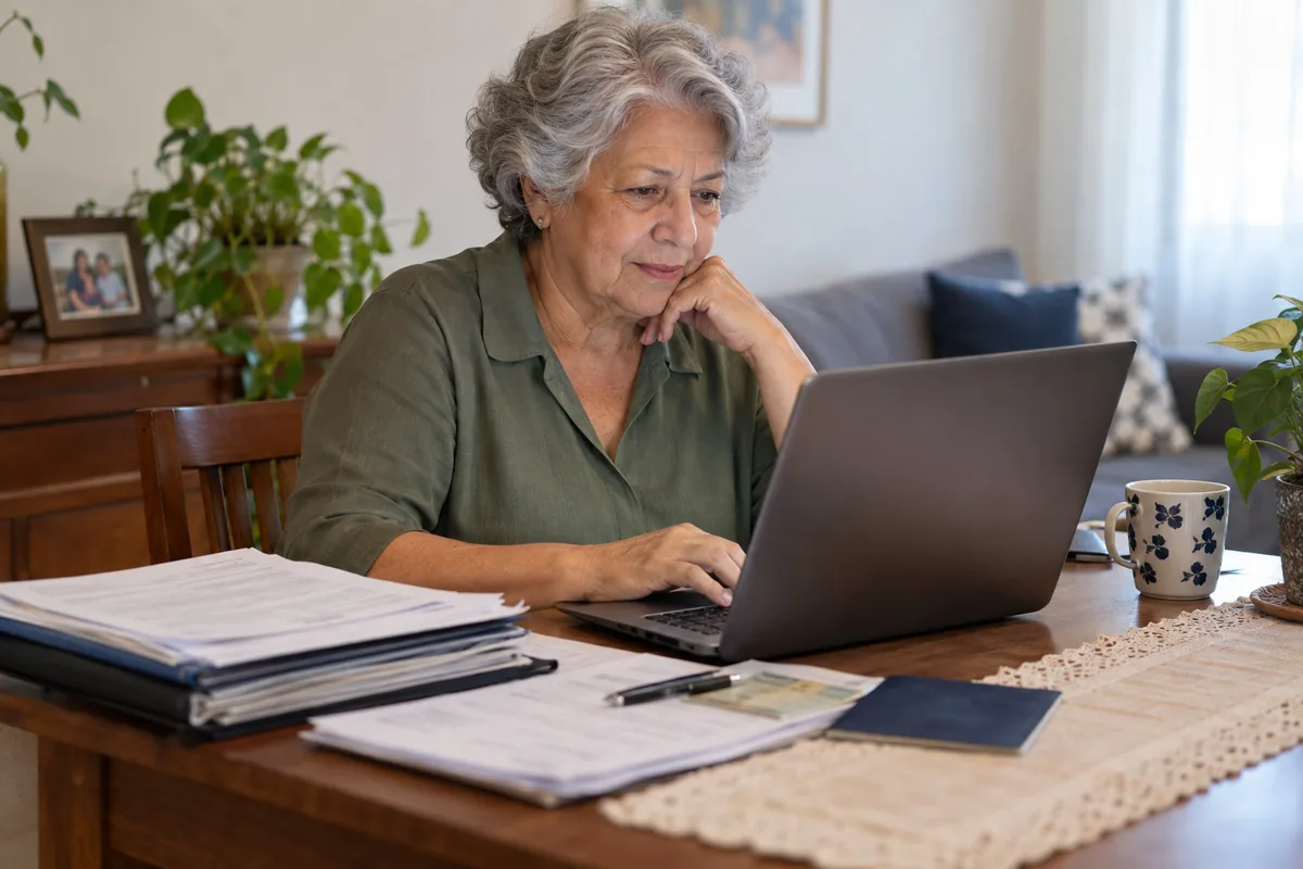 Aposentada acompanha pedido de revisão do benefício no notebook
