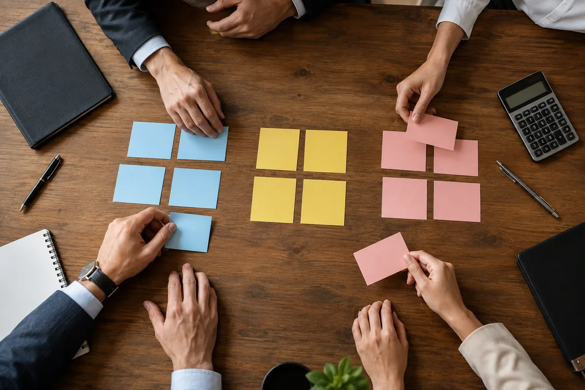 Equipe organiza cartões para definir votos e responsabilidades entre sócios