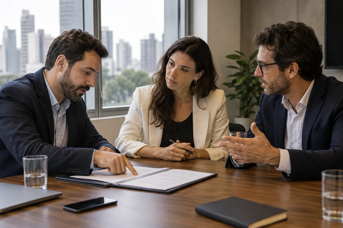 Três sócios discutem regras de governança em reunião empresarial
