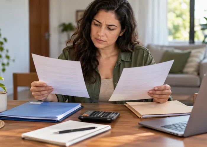 Mulher compara documentos de benefícios e calcula a renda familiar