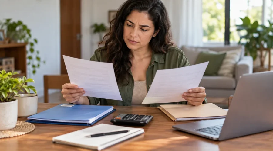 Mulher compara documentos de benefícios e calcula a renda familiar