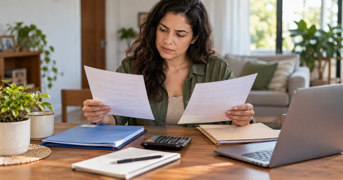Mulher compara documentos de benefícios e calcula a renda familiar
