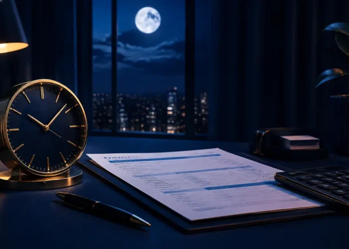 Relógio, contracheque e calculadora representam o cálculo do adicional noturno
