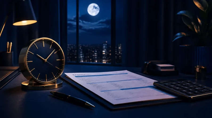 Relógio, contracheque e calculadora representam o cálculo do adicional noturno