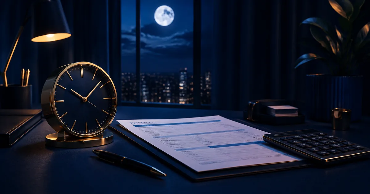 Relógio, contracheque e calculadora representam o cálculo do adicional noturno