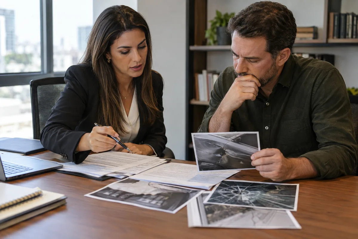 Advogada analisa apólice e fotografias de sinistro com segurado