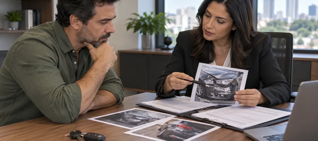 Advogado especialista em acidente de trânsito Cliente analisa fotos e documentos de colisão com advogada