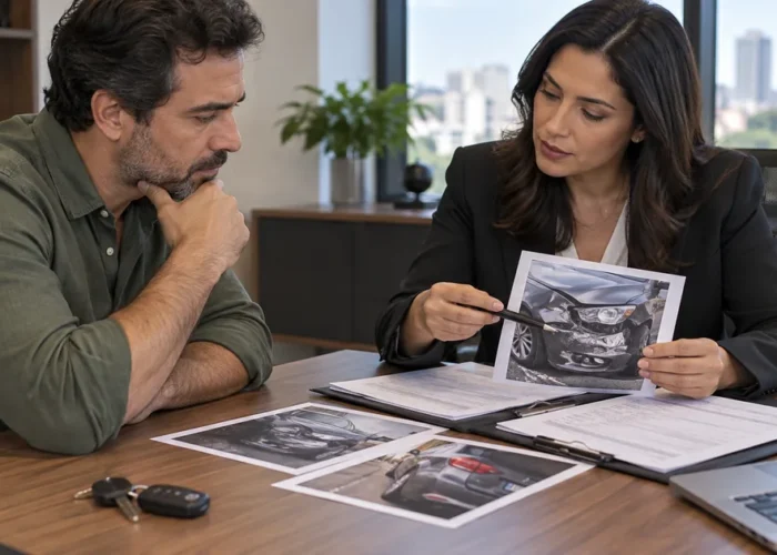Cliente analisa fotos e documentos de colisão com advogada