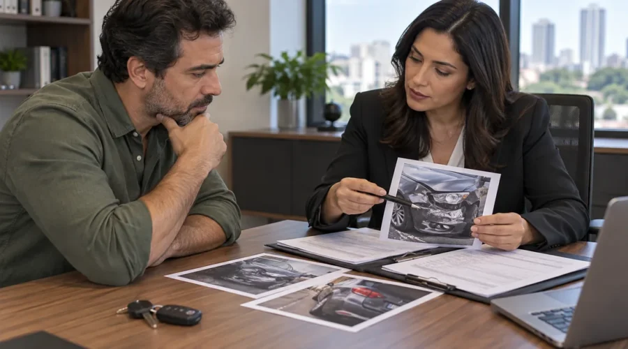 Cliente analisa fotos e documentos de colisão com advogada