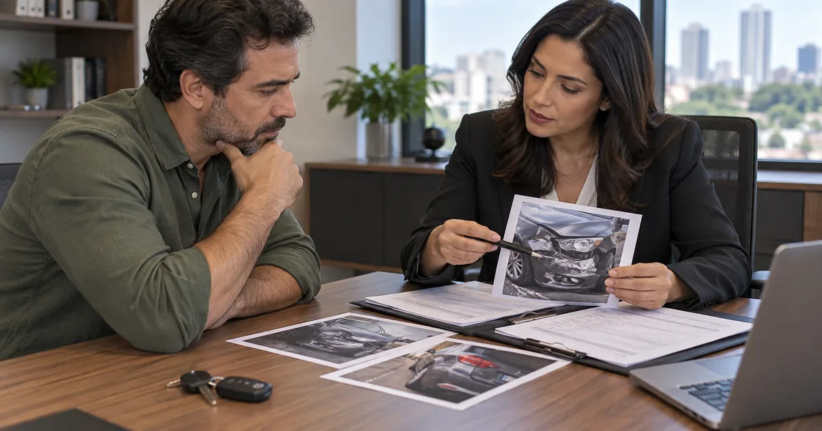 Cliente analisa fotos e documentos de colisão com advogada