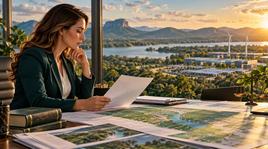 Advogada ambiental analisa documentos, mapas e empreendimento