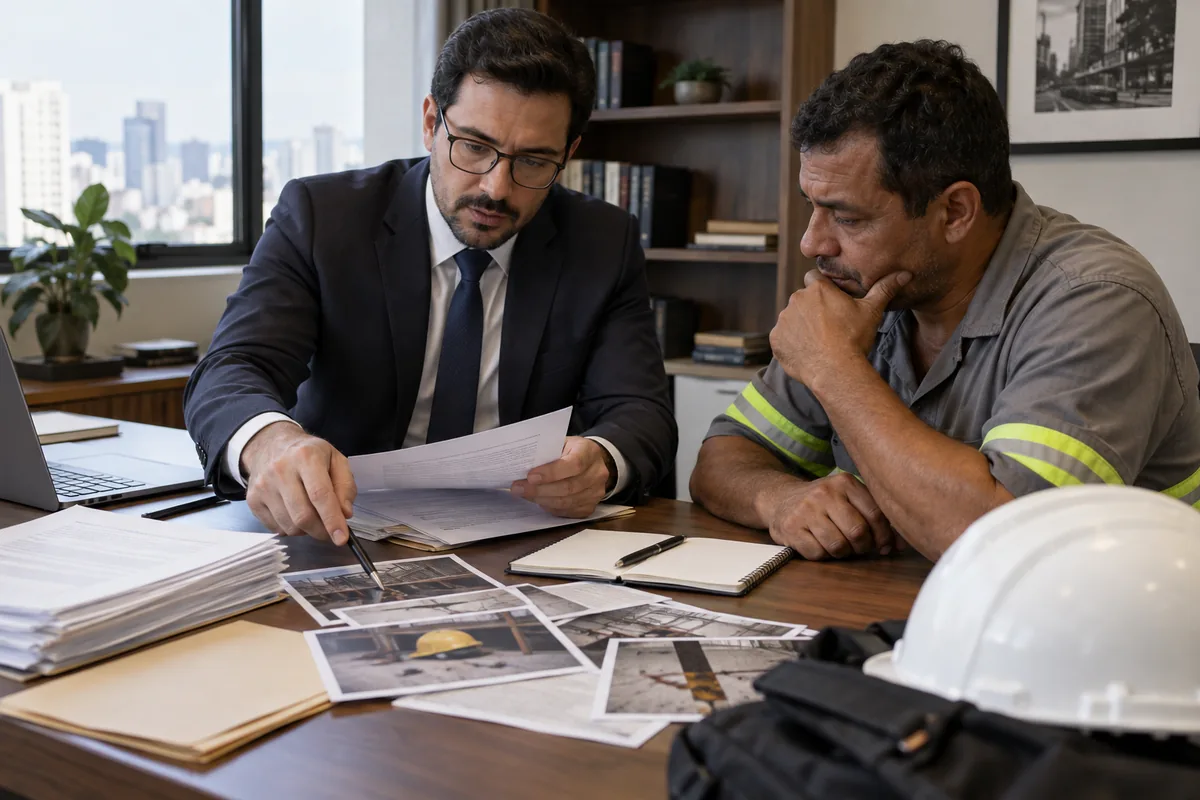 Advogado e trabalhador analisam documentos e fotografias do acidente