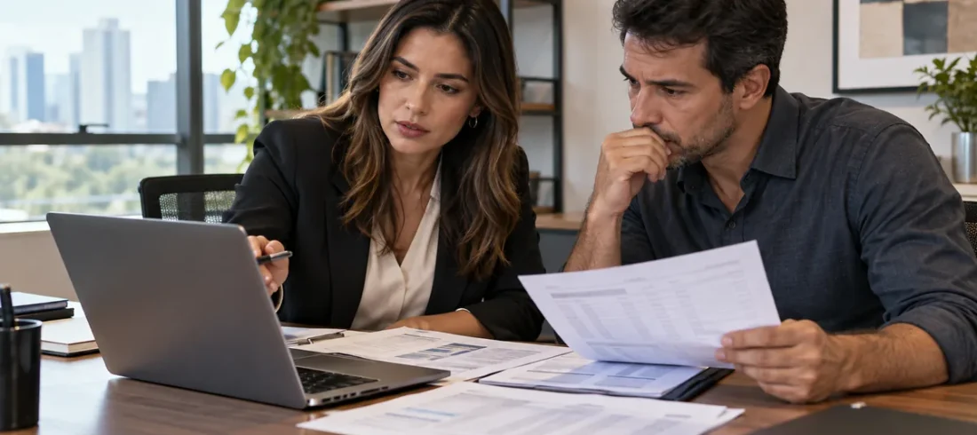 Advogado para causas bancárias Advogada e cliente examinam contrato e registros de transações bancárias