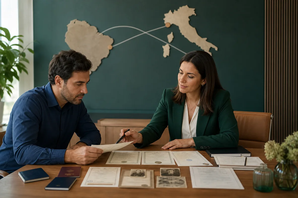 Advogada e cliente analisam certidões brasileiras e italianas para cidadania