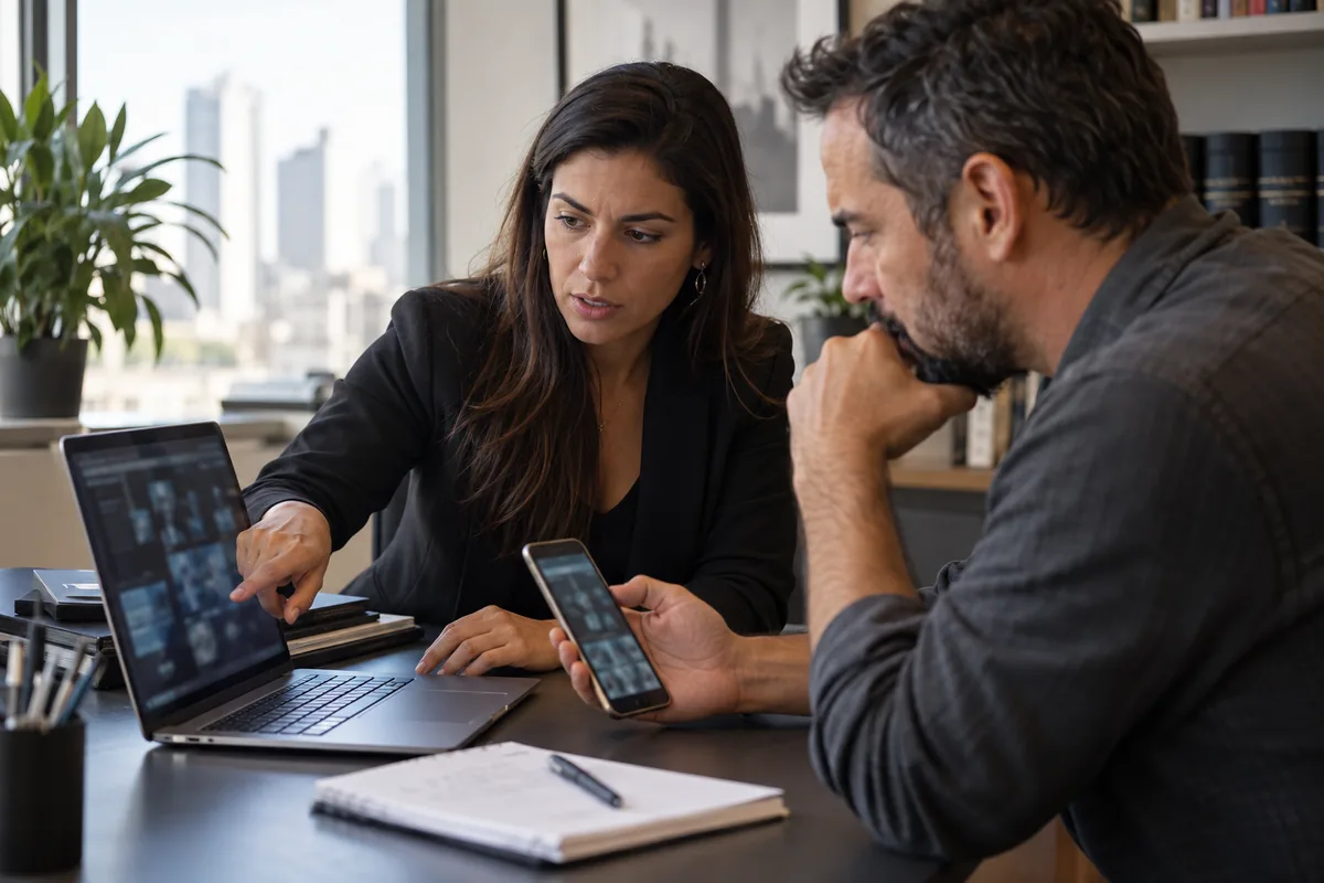 Advogada analisa com cliente evidências de crime virtual em notebook e celular