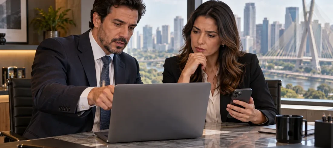 Advogado de Direito Digital – preview Profissionais analisam incidente online em laptop e celular