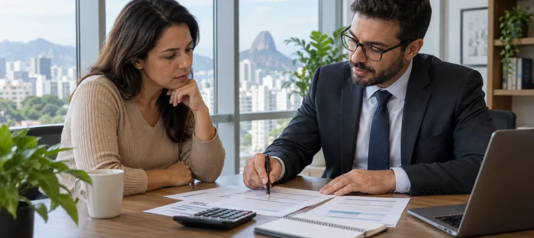 Advogado para dívida bancária – preview Advogado e cliente analisam uma dívida bancária antes da negociação