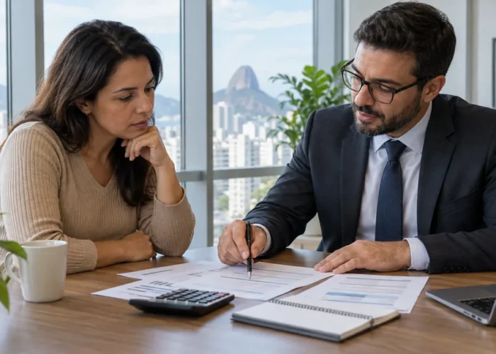 Advogado e cliente analisam uma dívida bancária antes da negociação