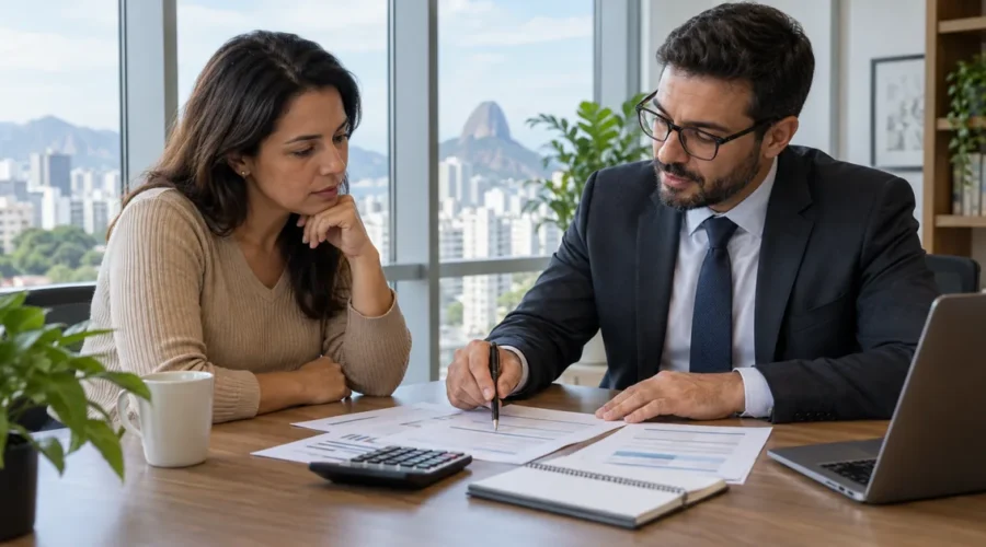 Advogado e cliente analisam uma dívida bancária antes da negociação