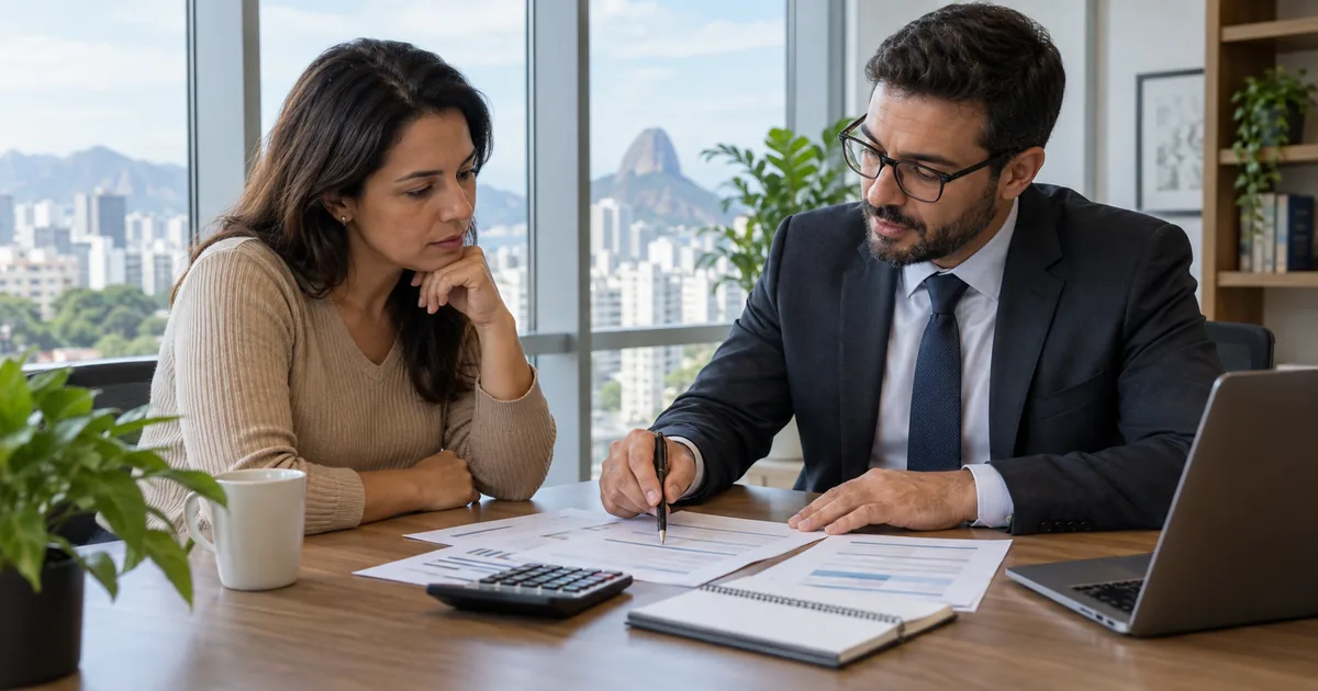 Advogado e cliente analisam uma dívida bancária antes da negociação