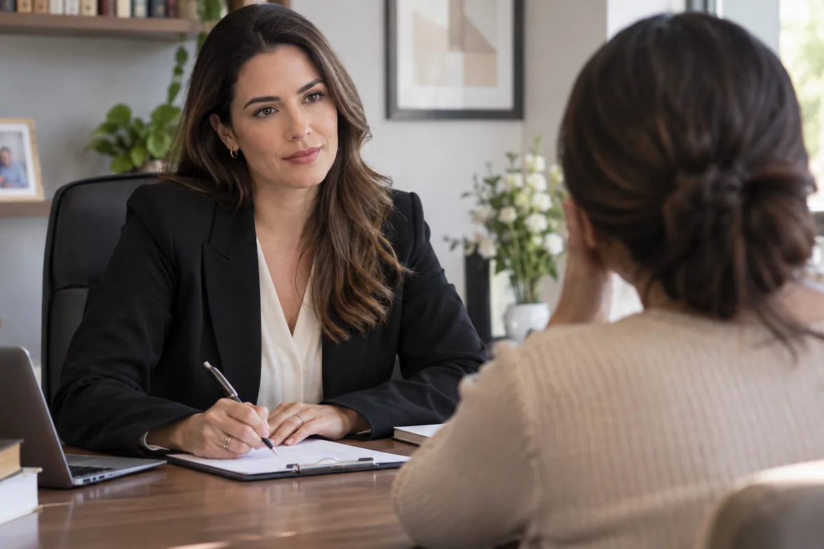 Advogada de família ouve cliente na primeira consulta
