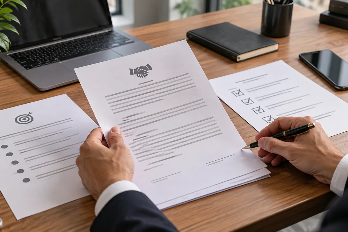 Profissional confere contrato e checklist de atendimento jurídico
