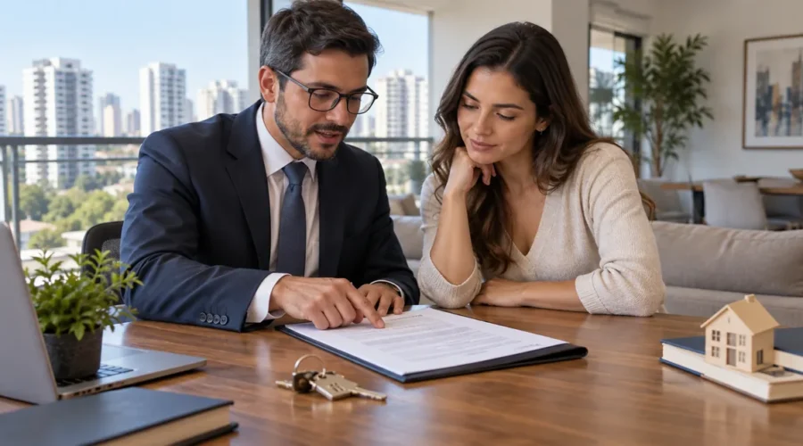 Advogado orienta compradora antes da assinatura da escritura do imóvel