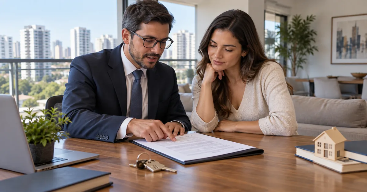 Advogado orienta compradora antes da assinatura da escritura do imóvel