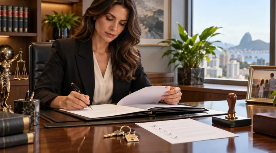 Advogada revisa documentos e escritura de inventário extrajudicial