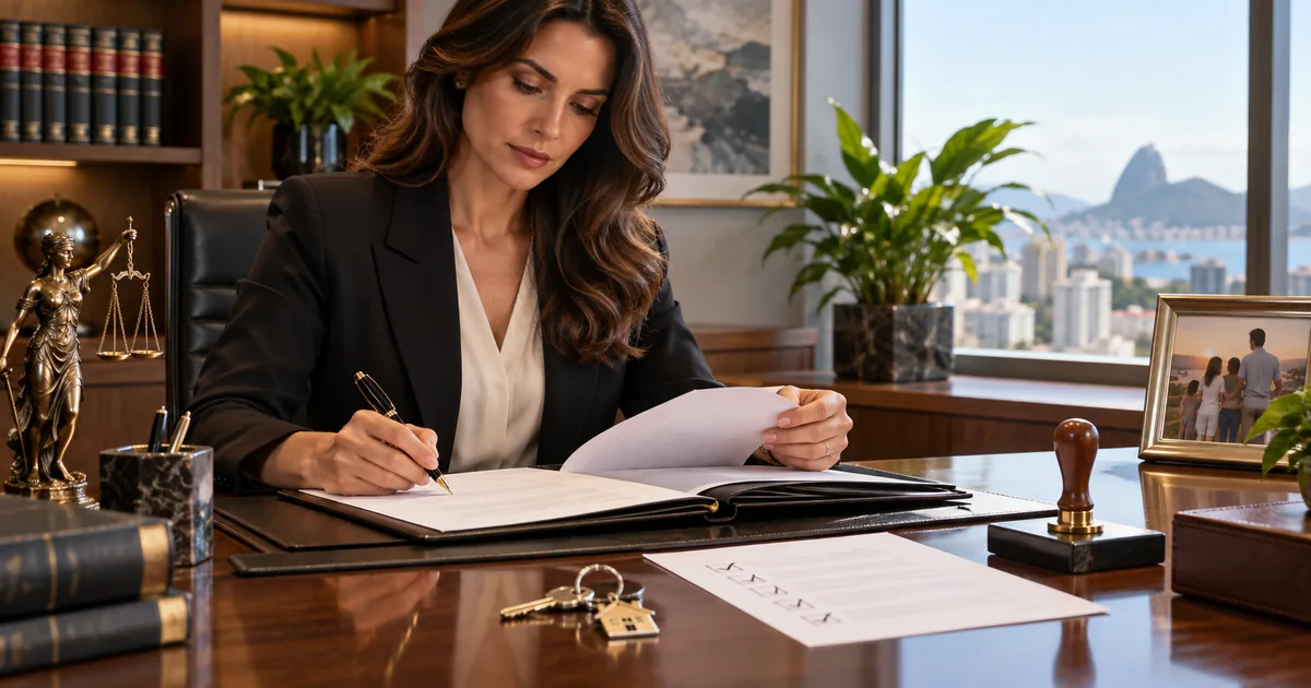 Advogada revisa documentos e escritura de inventário extrajudicial