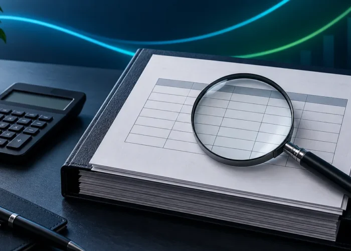 Contrato de crédito examinado com calculadora e lupa