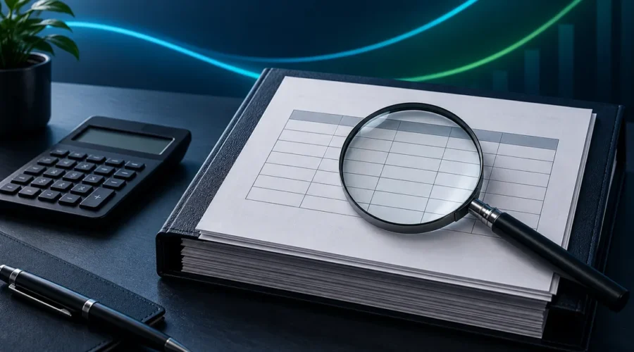 Contrato de crédito examinado com calculadora e lupa