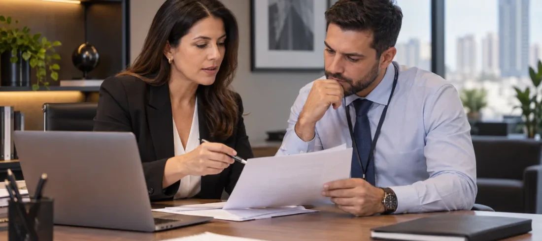 Advogado trabalhista bancário – preview Advogada analisa documentos de jornada com profissional do setor bancário