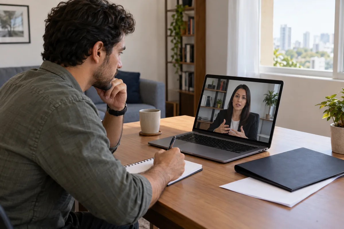 Trabalhador em consulta por vídeo com advogada trabalhista