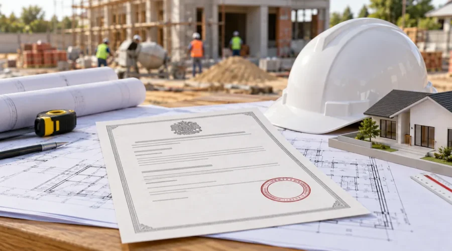 Documento de licença, plantas e capacete diante de canteiro de obra
