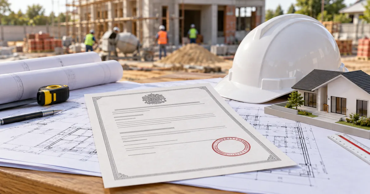 Documento de licença, plantas e capacete diante de canteiro de obra