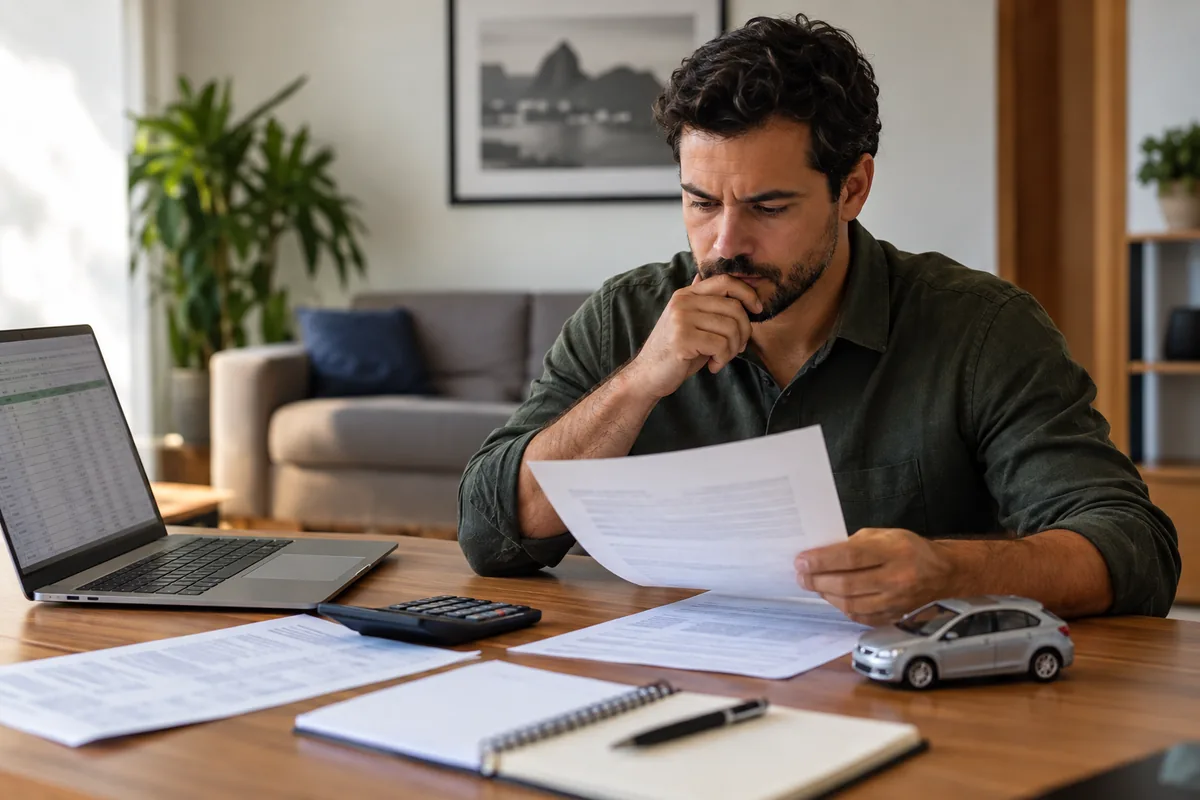 Consumidor analisa contrato de financiamento com calculadora e planilha