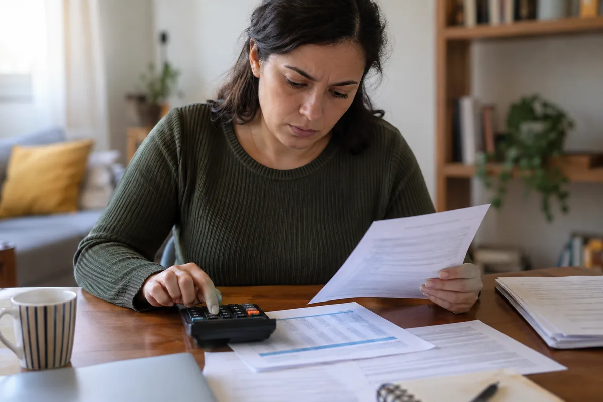 Consumidora usa calculadora para analisar juros e parcelas do contrato