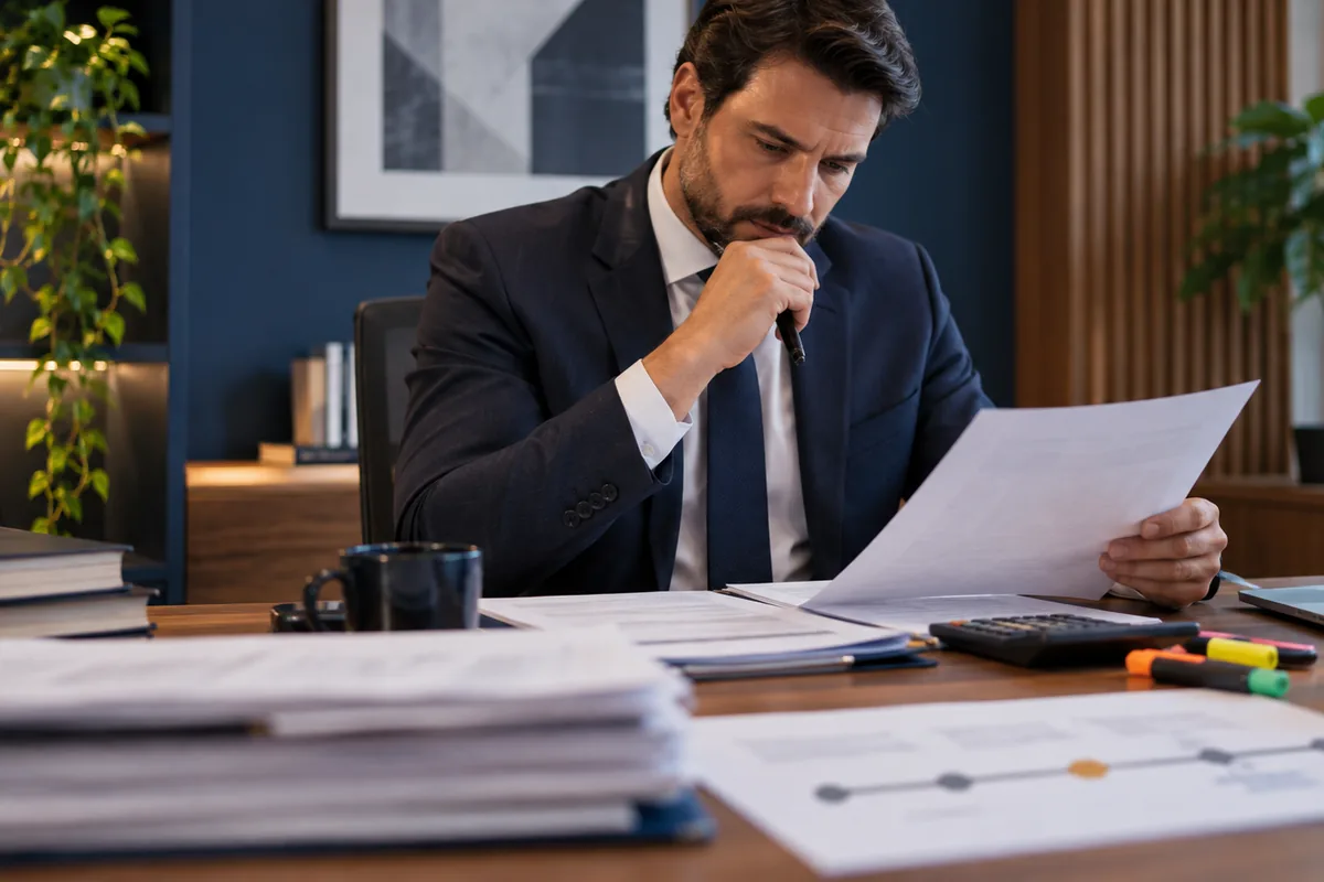 Advogado analisa documentos de ação por reajuste salarial