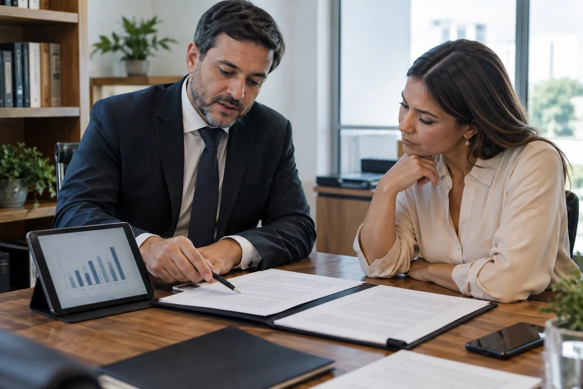 Advogado e cliente analisam cláusulas de contrato bancário